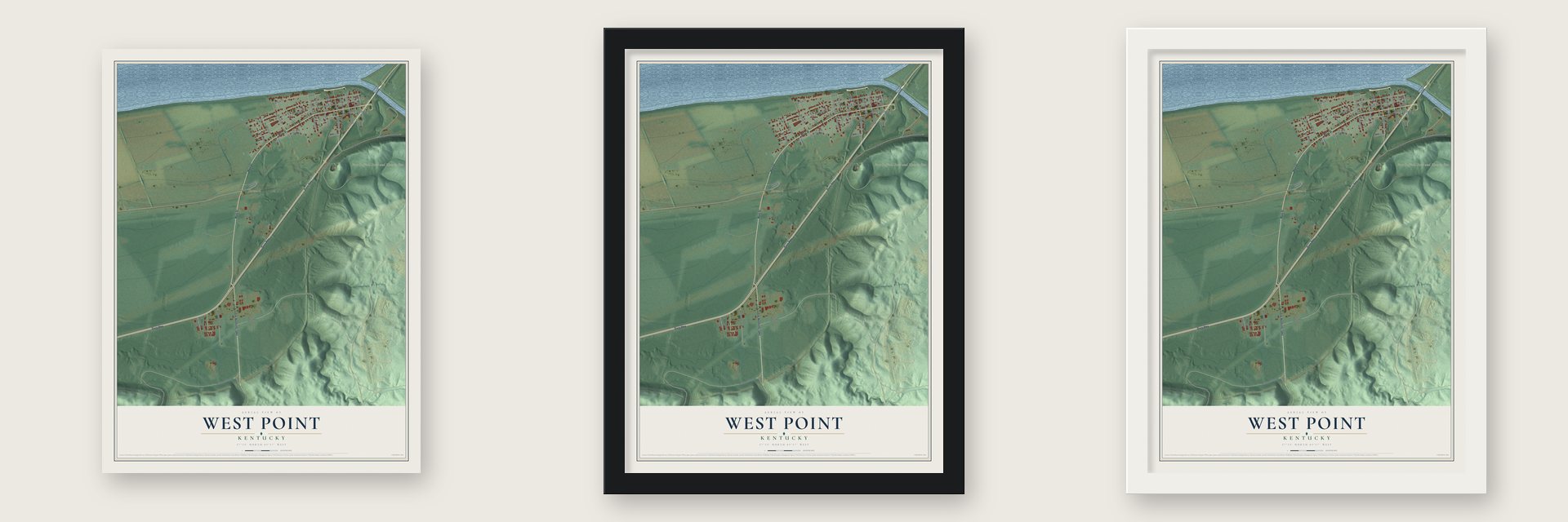 West Point, Kentucky map unframed, in a black wood frame and in a white wood frame