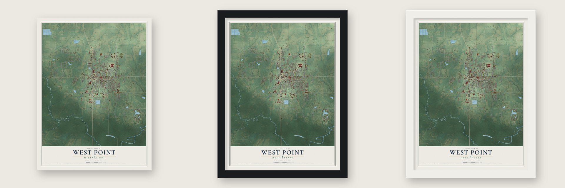 West Point, Mississippi map unframed, in a black wood frame and in a white wood frame