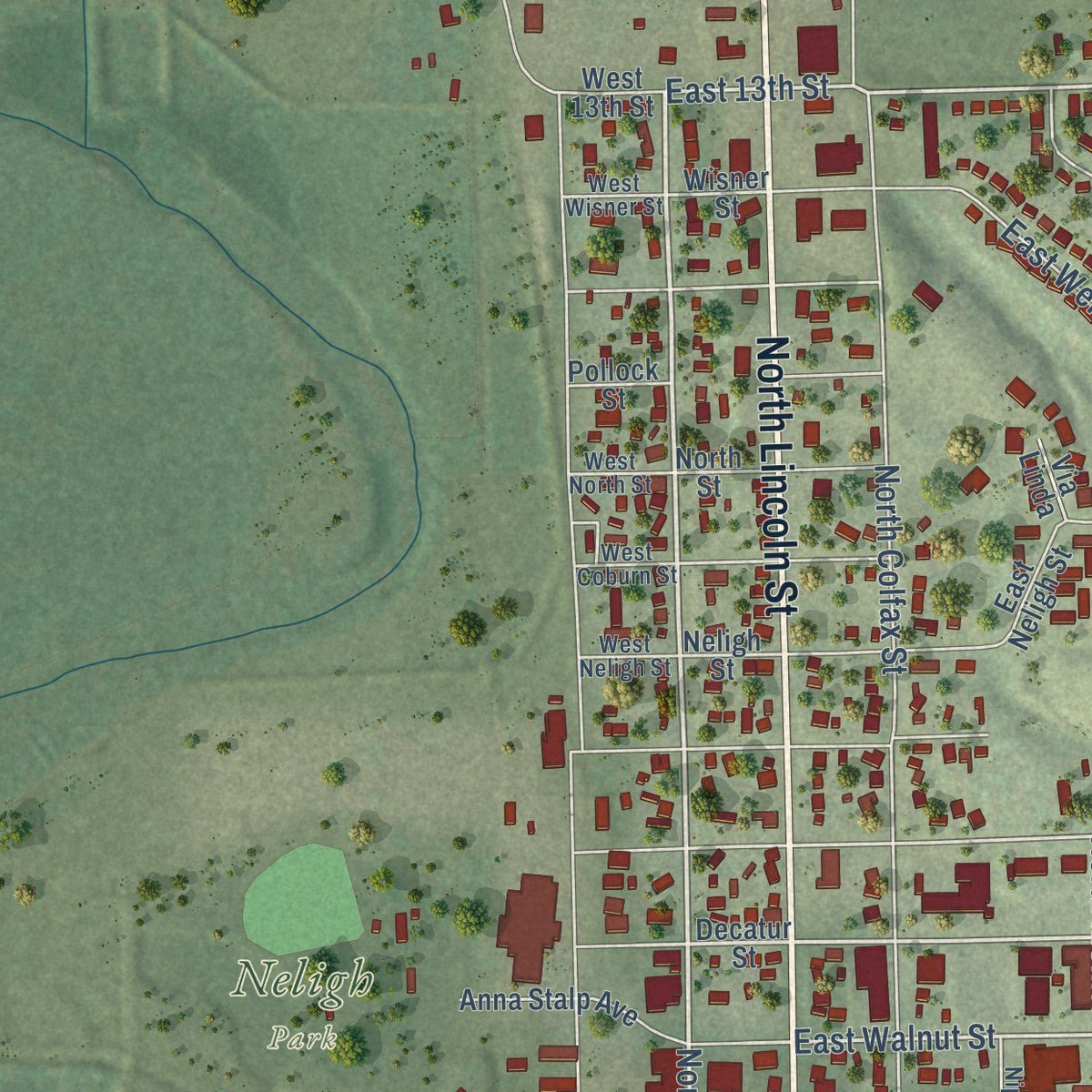 Second close-up of the map of West Point, Nebraska print showing more streets and buildings