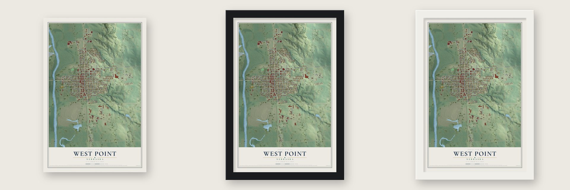 West Point, Nebraska map unframed, in a black wood frame and in a white wood frame