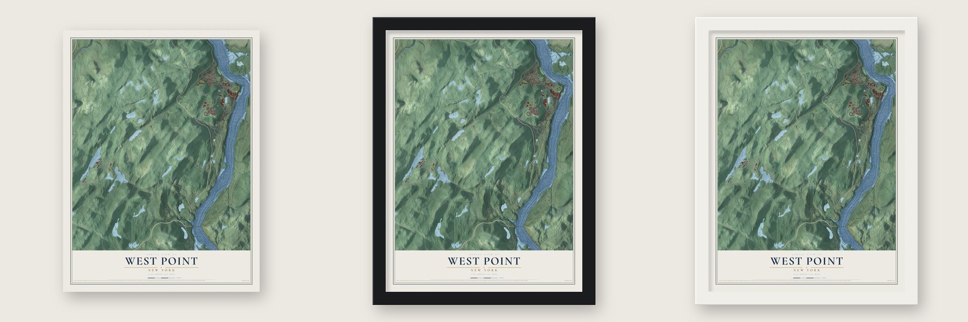 West Point, New York map unframed, in a black wood frame and in a white wood frame