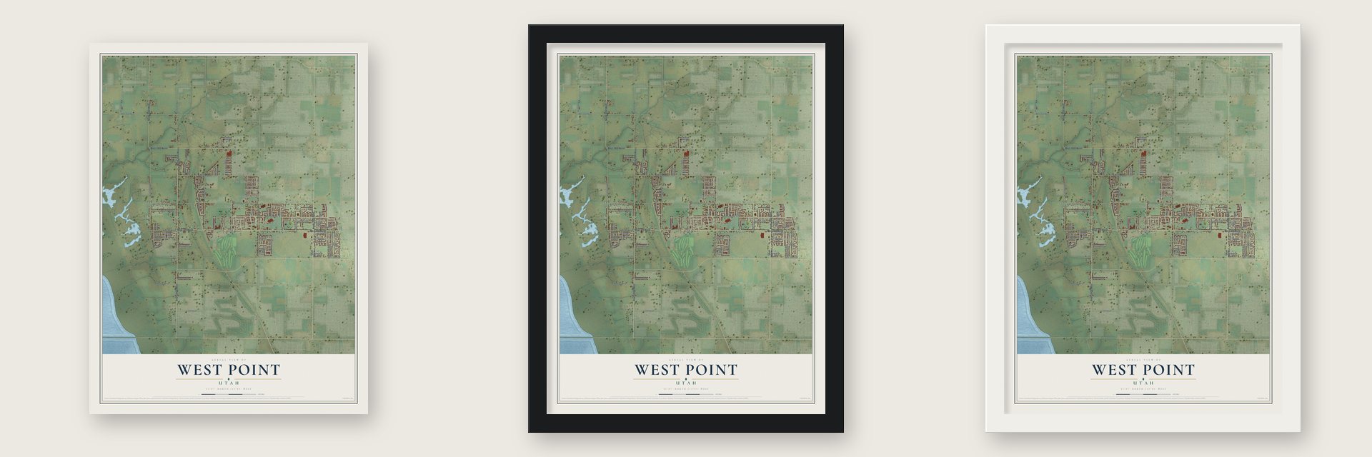 West Point, Utah map unframed, in a black wood frame and in a white wood frame