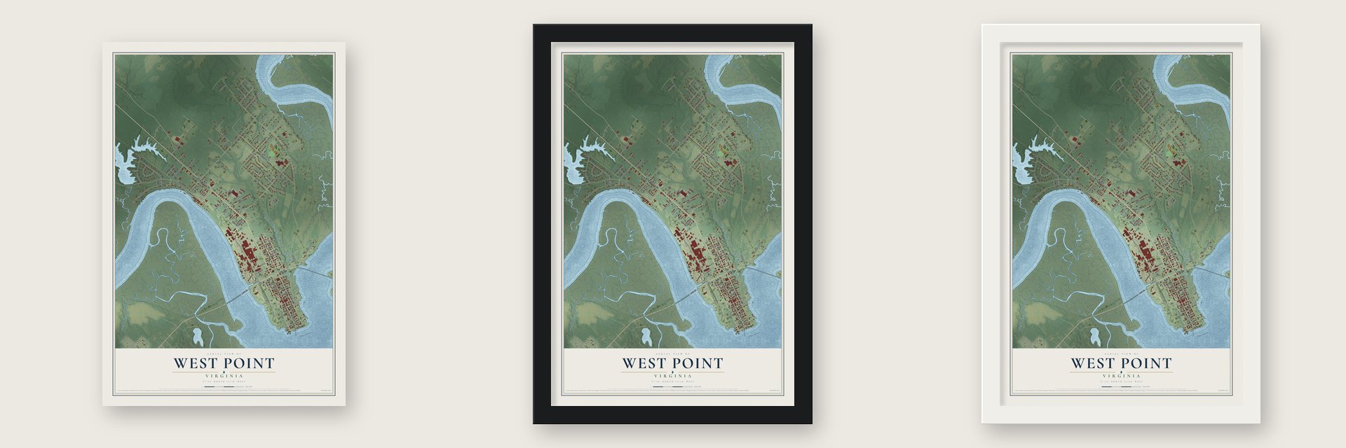 West Point, Virginia map unframed, in a black wood frame and in a white wood frame