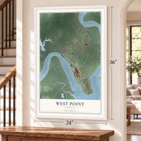 West Point, Virginia map, 24 x 36 inch print in a white frame by a staircase