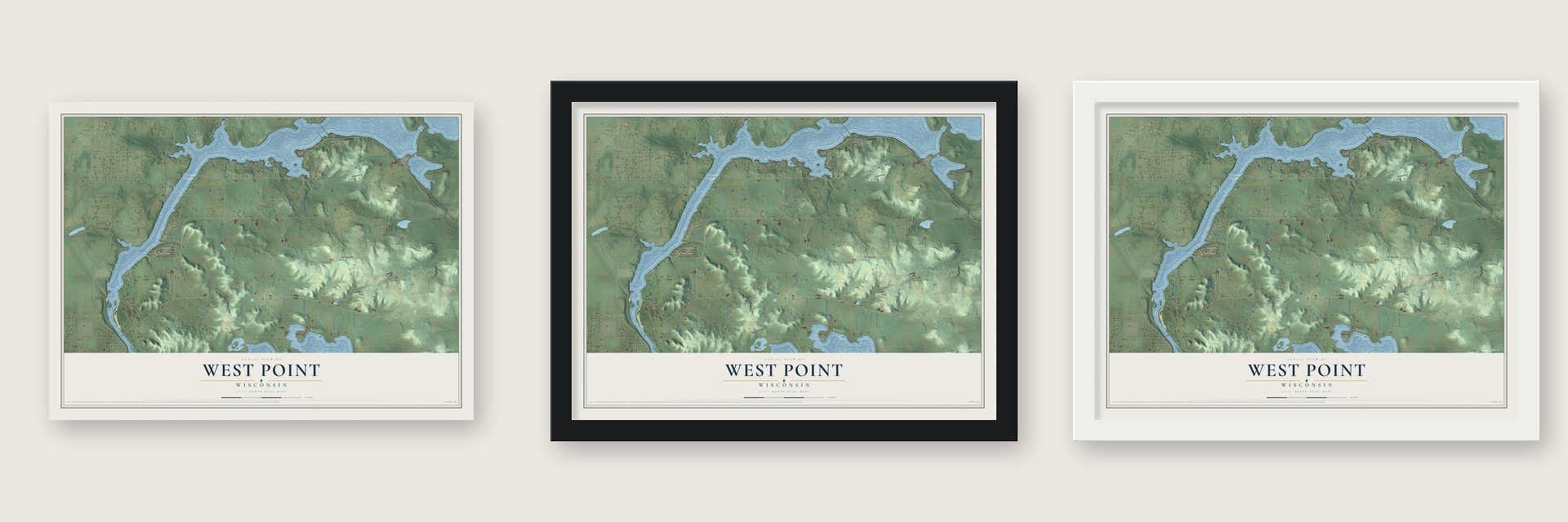 West Point, Wisconsin map unframed, in a black wood frame and in a white wood frame