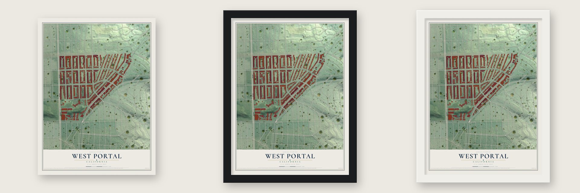 West Portal, California map unframed, in a black wood frame and in a white wood frame