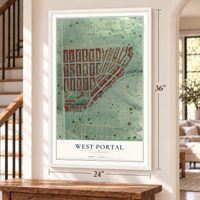West Portal, California map, 24 x 36 inch print in a white frame by a staircase