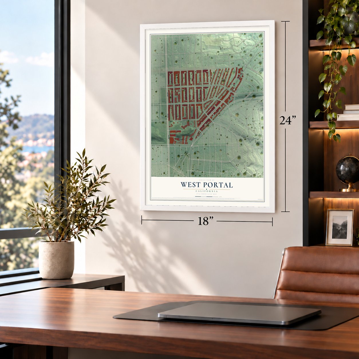 West Portal, California map, 18 x 24 inch print in a white frame in a home office