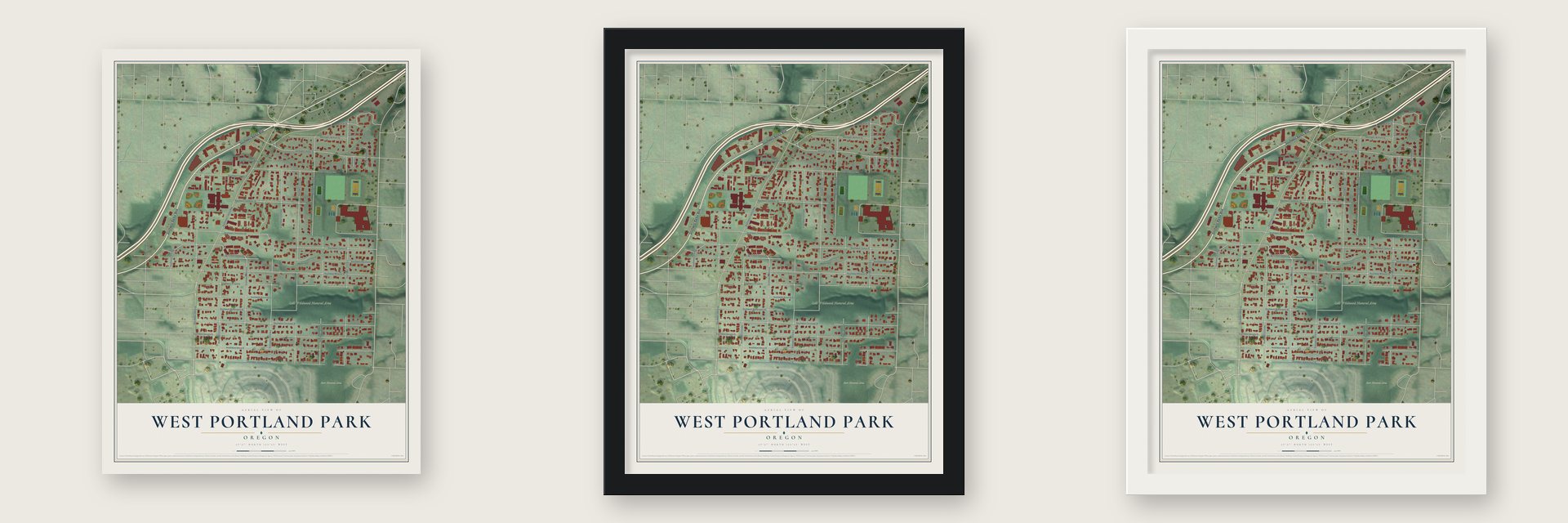 West Portland Park, Oregon map unframed, in a black wood frame and in a white wood frame