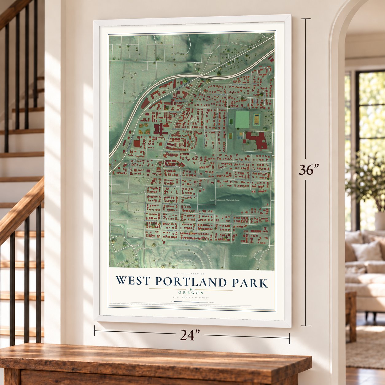 West Portland Park, Oregon map, 24 x 36 inch print in a white frame by a staircase