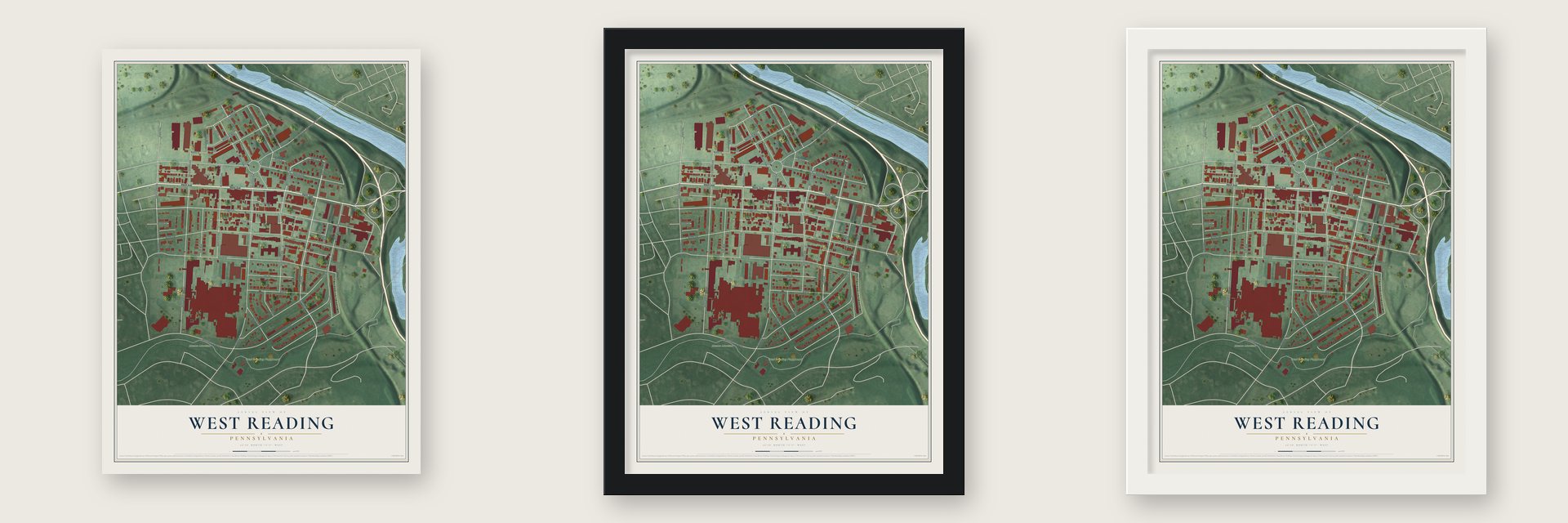 West Reading, Pennsylvania map unframed, in a black wood frame and in a white wood frame