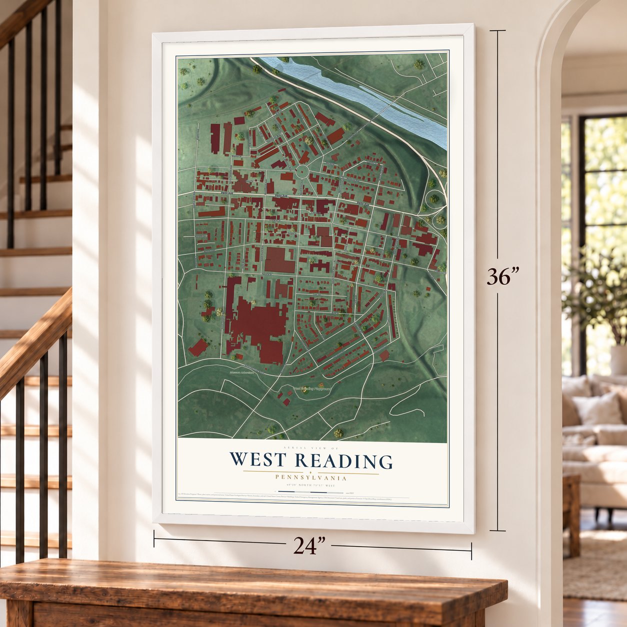 West Reading, Pennsylvania map, 24 x 36 inch print in a white frame by a staircase