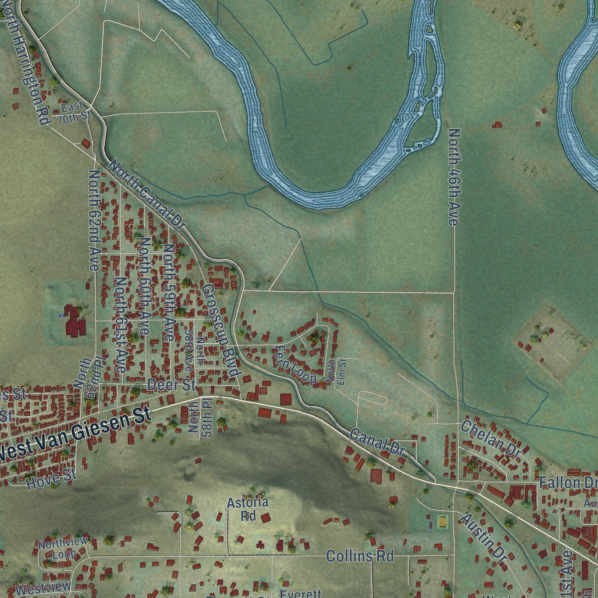Second close-up of the map of West Richland, Washington print showing more streets and buildings