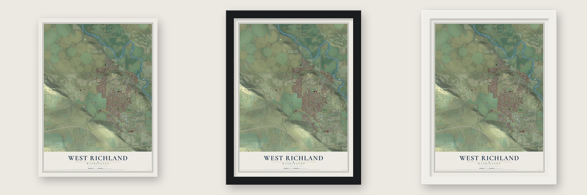 West Richland, Washington map unframed, in a black wood frame and in a white wood frame