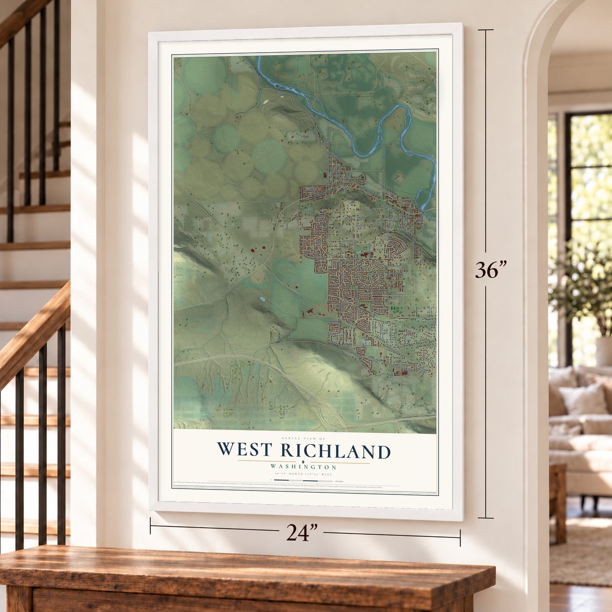West Richland, Washington map, 24 x 36 inch print in a white frame by a staircase