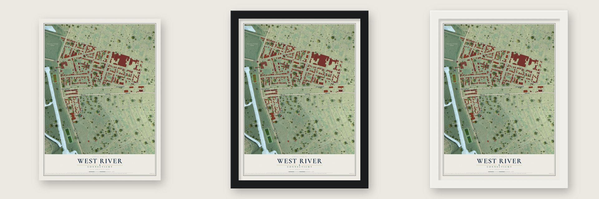 West River, Connecticut map unframed, in a black wood frame and in a white wood frame