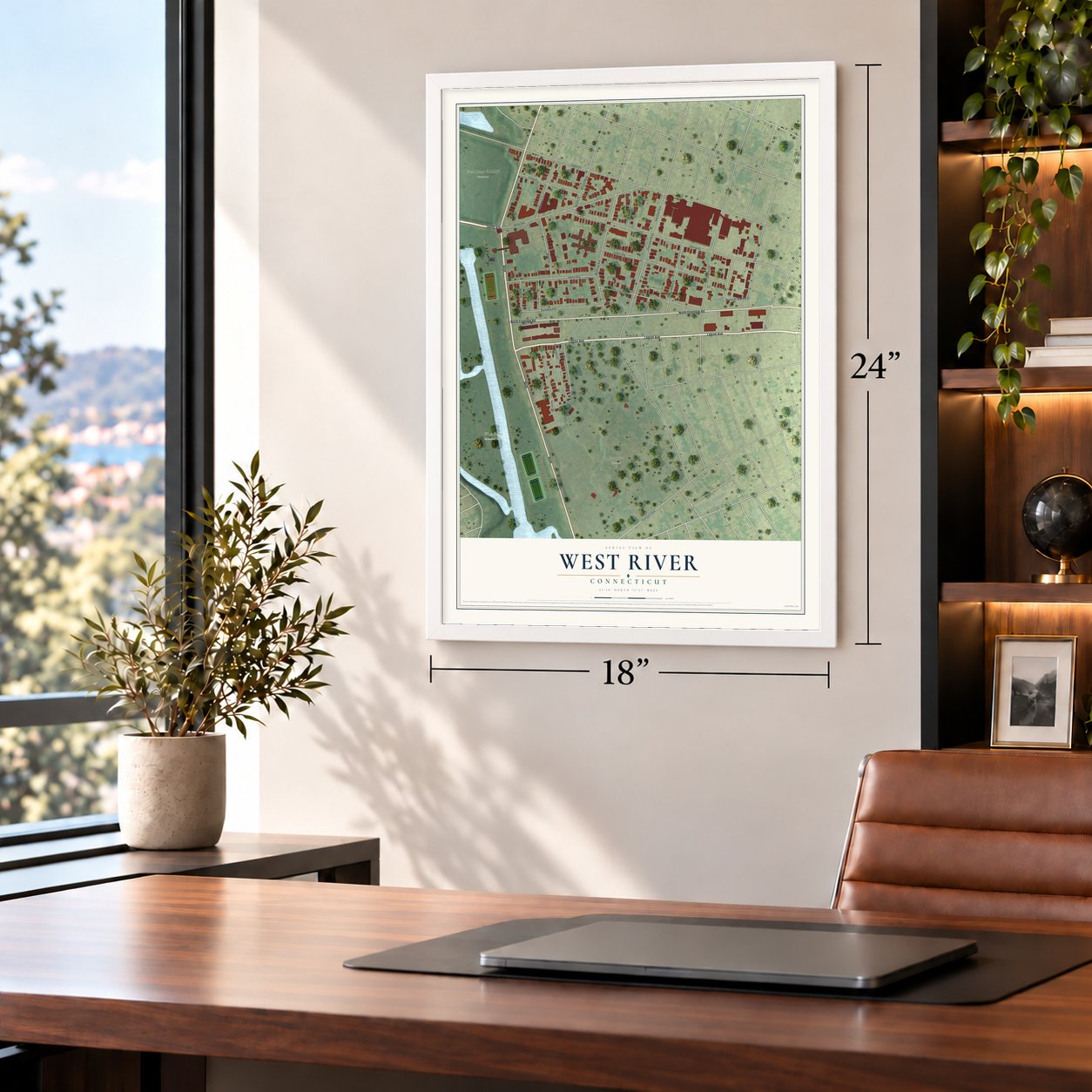 West River, Connecticut map, 18 x 24 inch print in a white frame in a home office