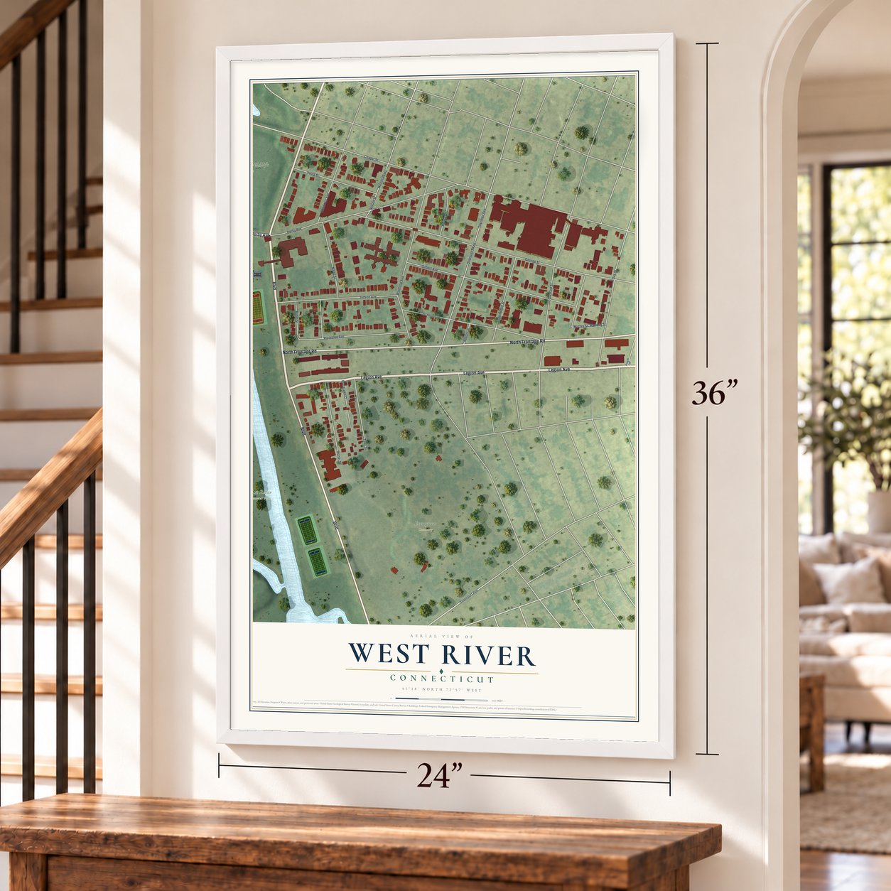 West River, Connecticut map, 24 x 36 inch print in a white frame by a staircase