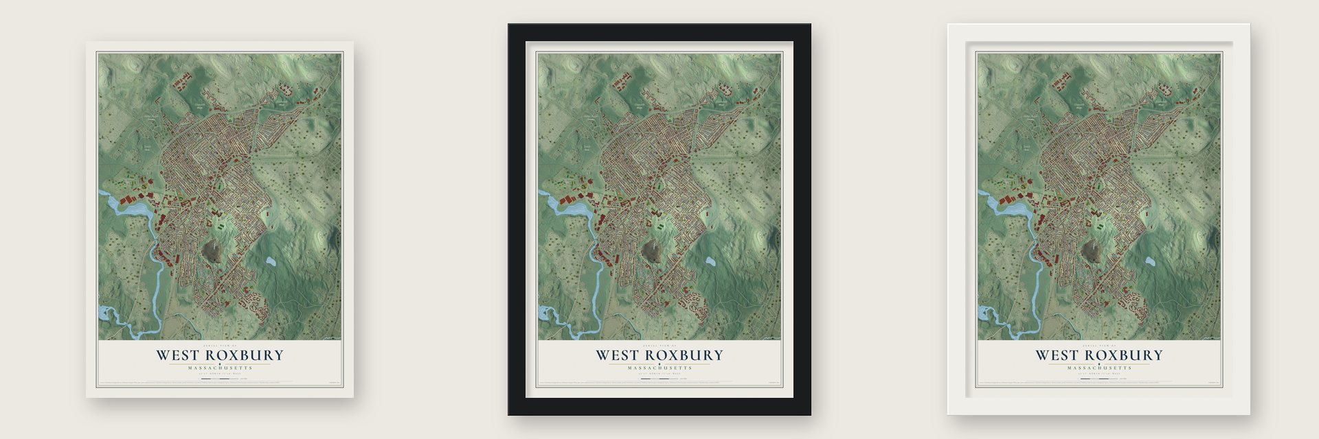 West Roxbury, Massachusetts map unframed, in a black wood frame and in a white wood frame