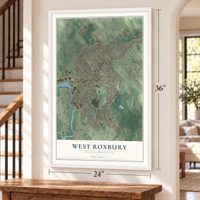 West Roxbury, Massachusetts map, 24 x 36 inch print in a white frame by a staircase