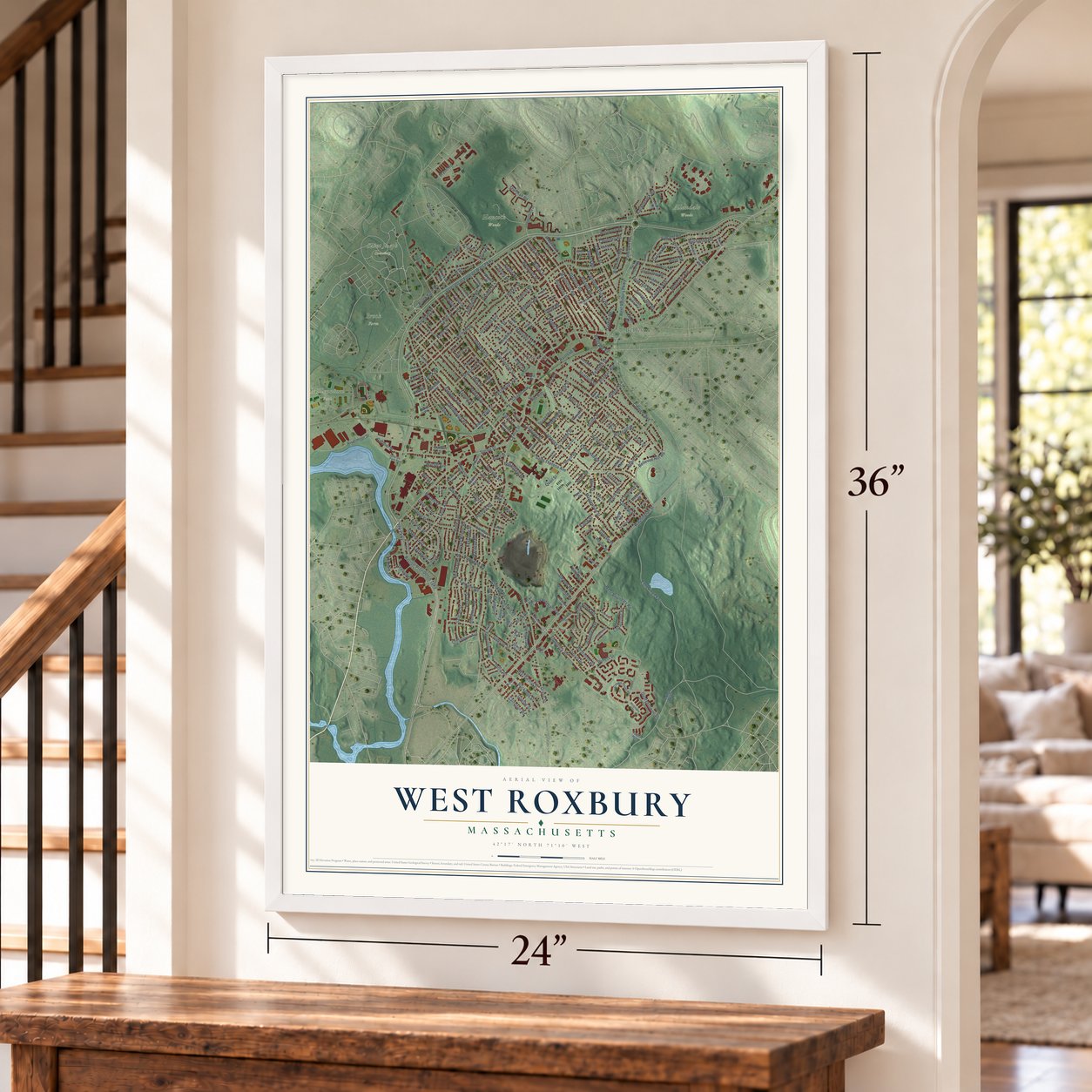 West Roxbury, Massachusetts map, 24 x 36 inch print in a white frame by a staircase