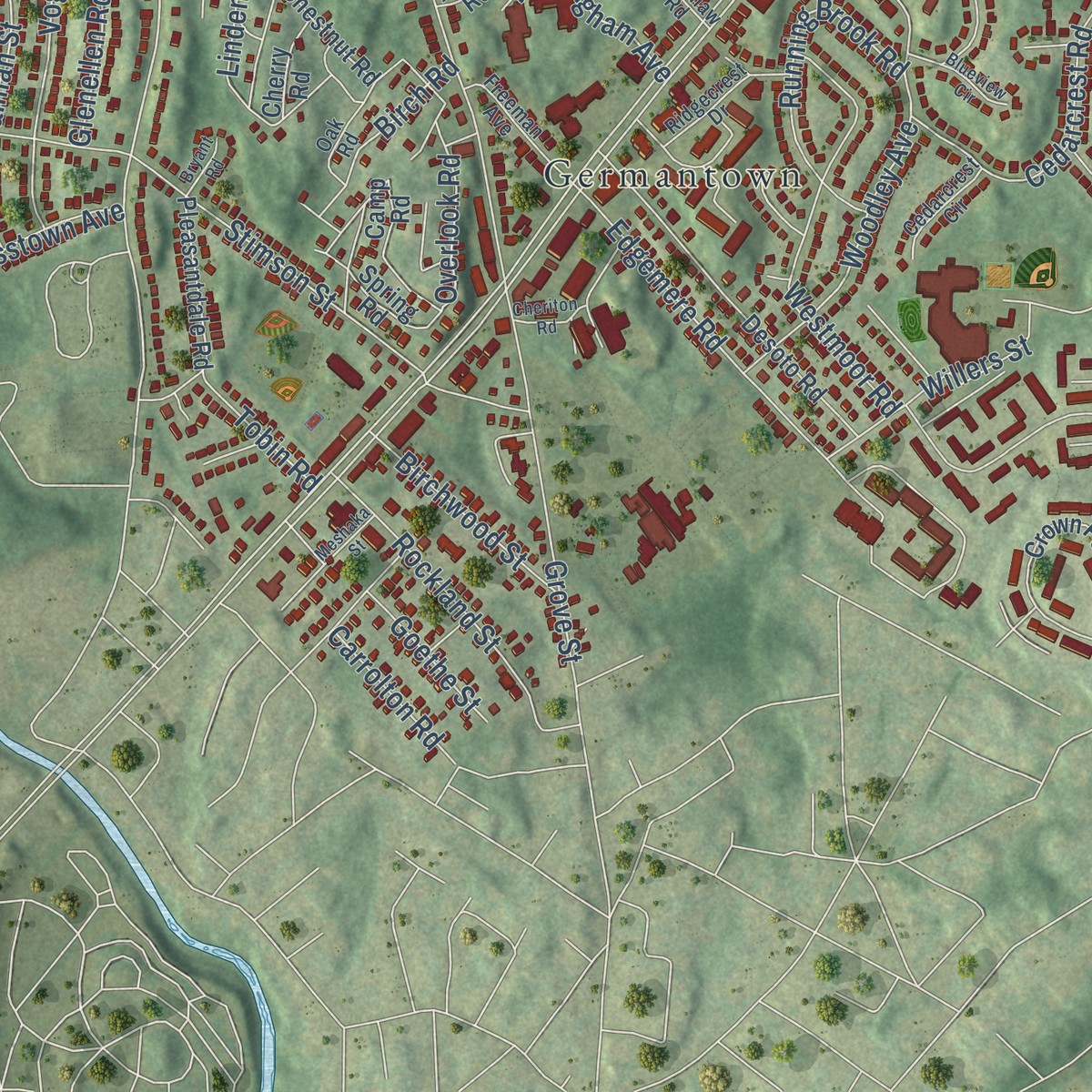 Second close-up of the map of West Roxbury, Massachusetts print showing more streets and buildings