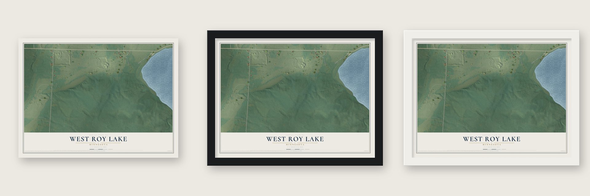 West Roy Lake, Minnesota map unframed, in a black wood frame and in a white wood frame