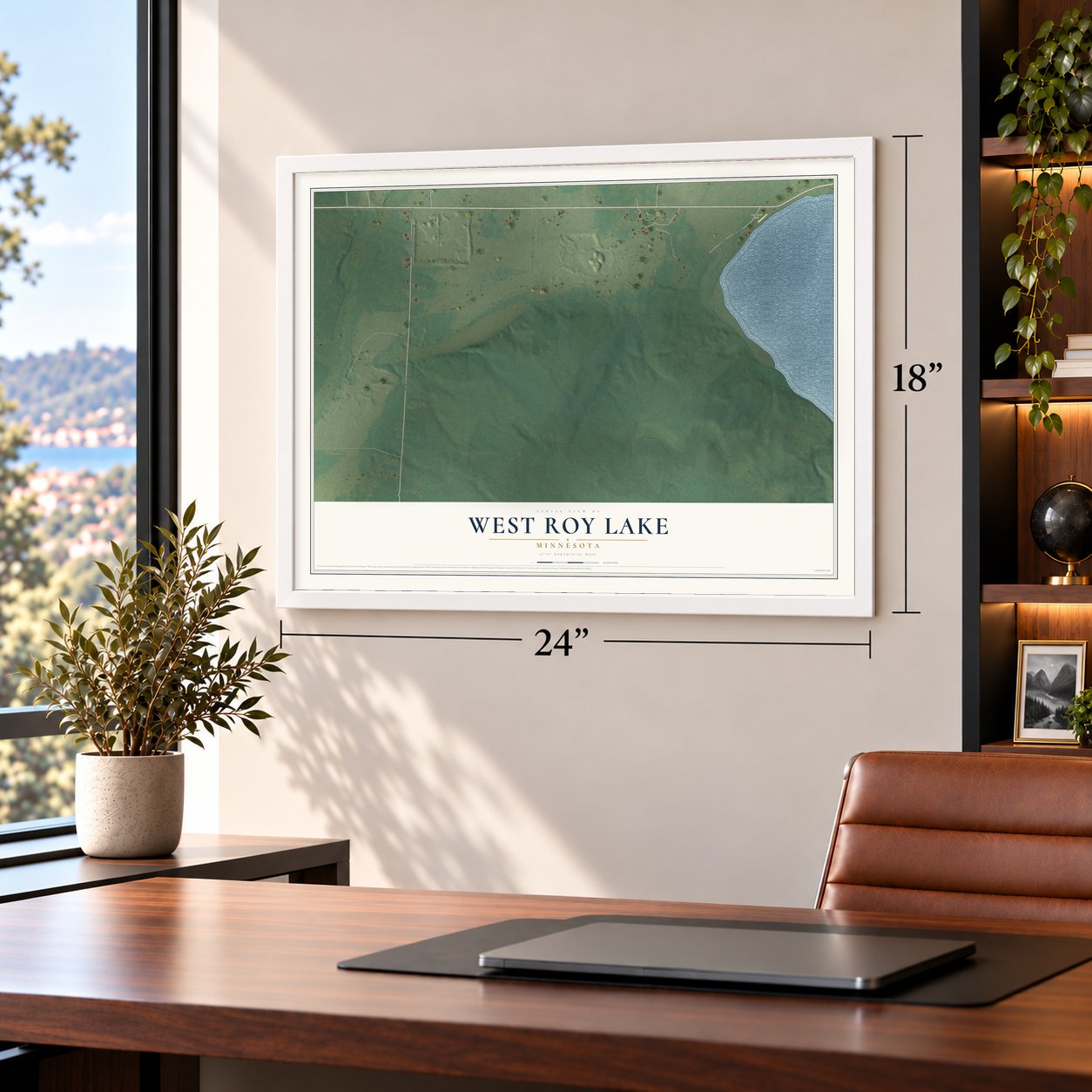 West Roy Lake, Minnesota map, 18 x 24 inch print in a white frame in a home office