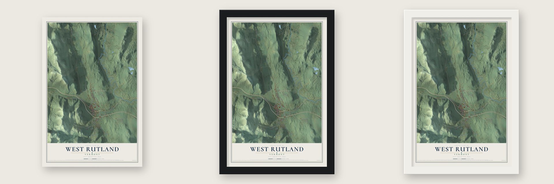 West Rutland, Vermont map unframed, in a black wood frame and in a white wood frame