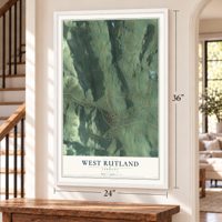 West Rutland, Vermont map, 24 x 36 inch print in a white frame by a staircase