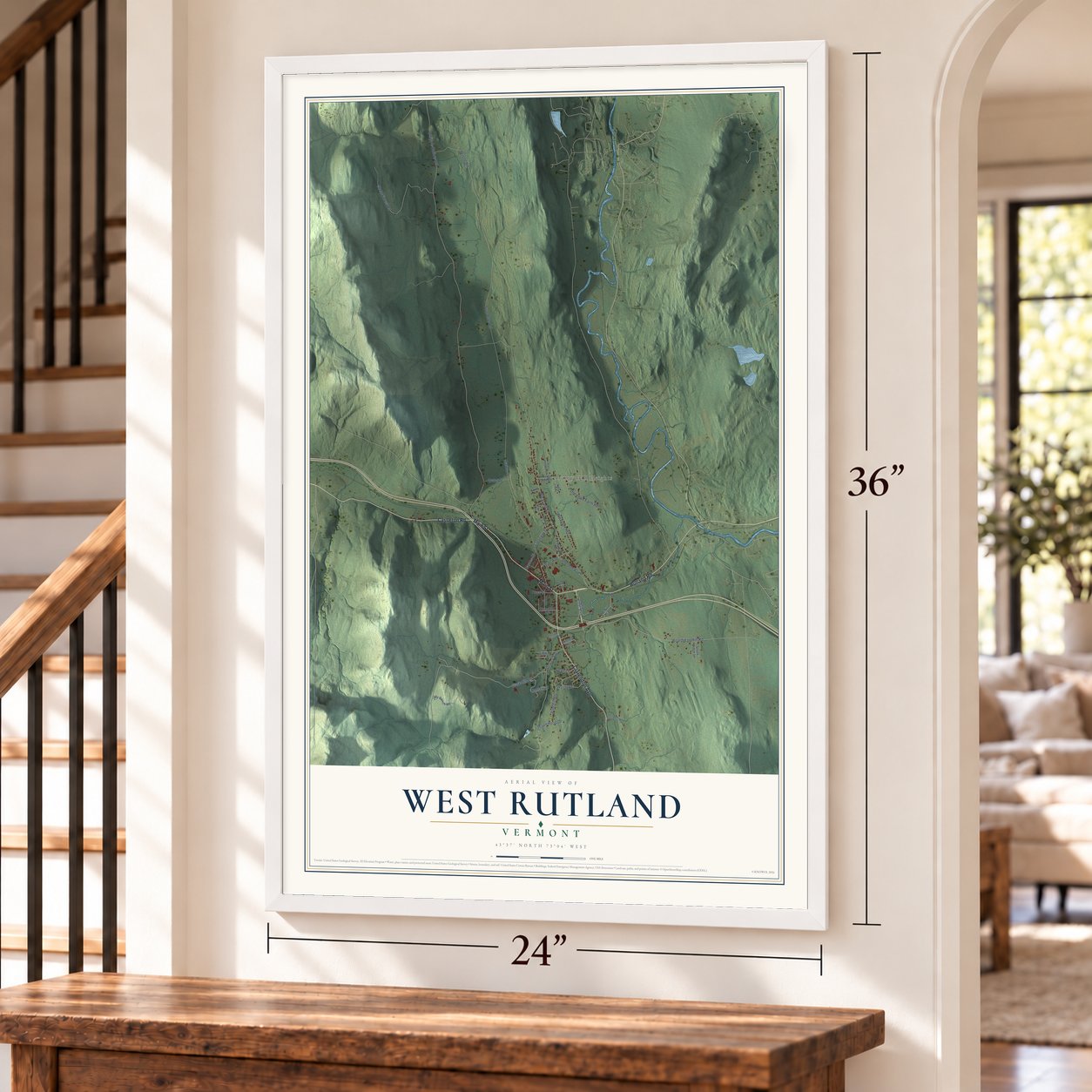 West Rutland, Vermont map, 24 x 36 inch print in a white frame by a staircase
