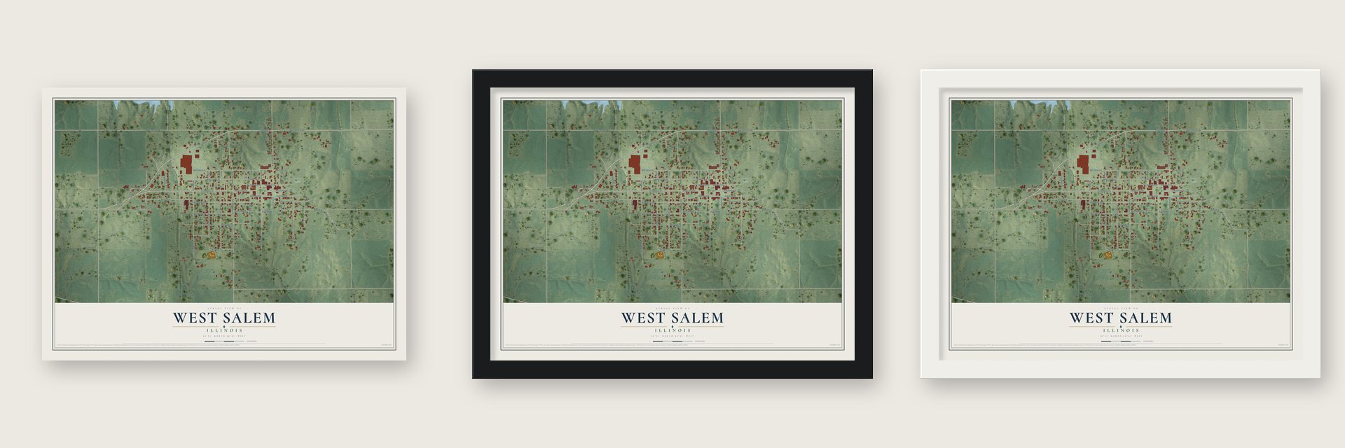 West Salem, Illinois map unframed, in a black wood frame and in a white wood frame