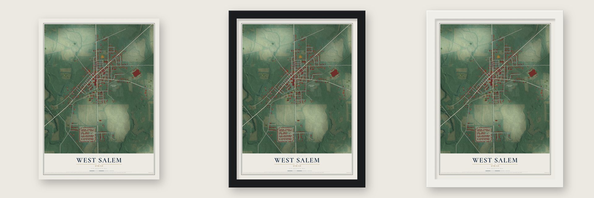 West Salem, Ohio map unframed, in a black wood frame and in a white wood frame