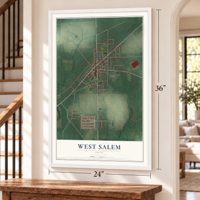 West Salem, Ohio map, 24 x 36 inch print in a white frame by a staircase
