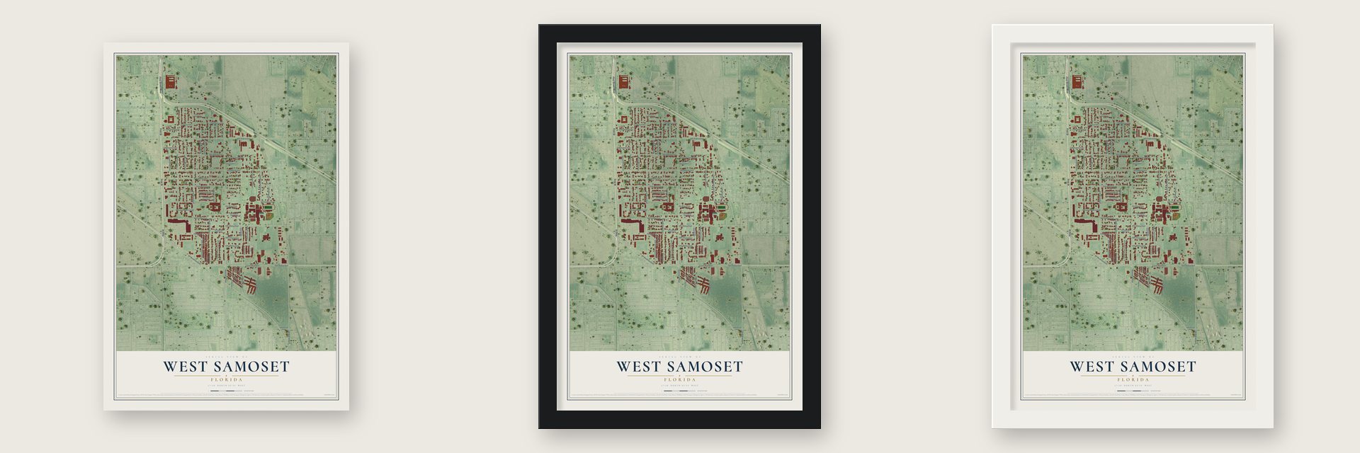 West Samoset, Florida map unframed, in a black wood frame and in a white wood frame