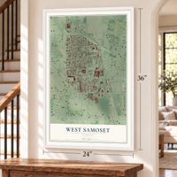 West Samoset, Florida map, 24 x 36 inch print in a white frame by a staircase