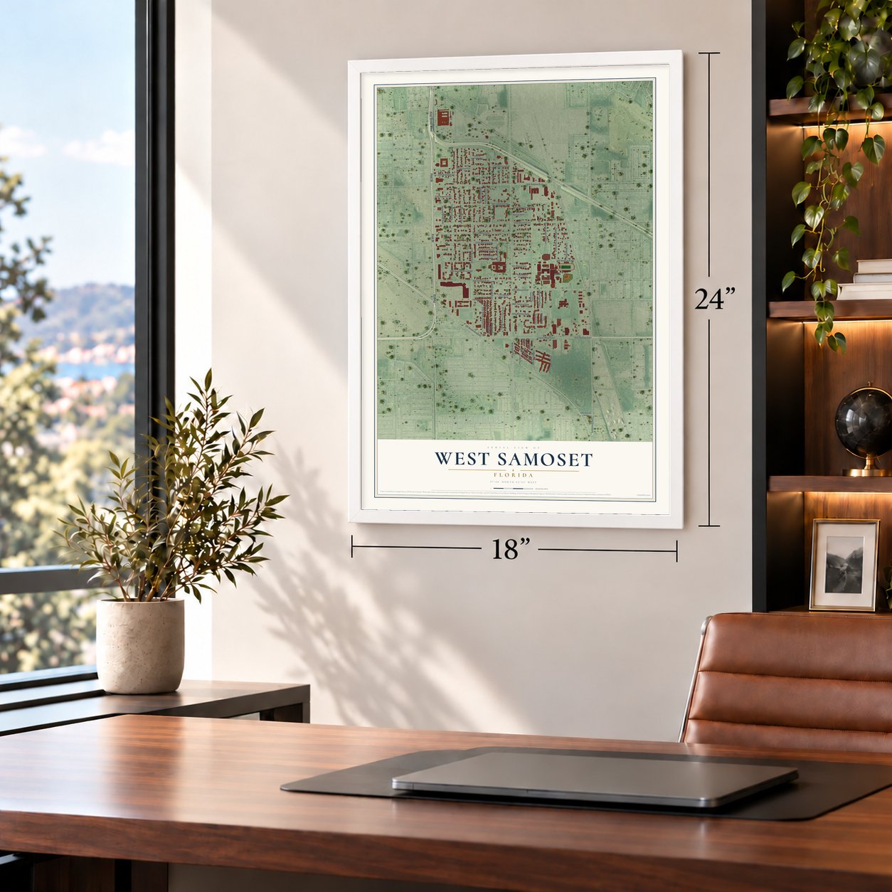 West Samoset, Florida map, 18 x 24 inch print in a white frame in a home office