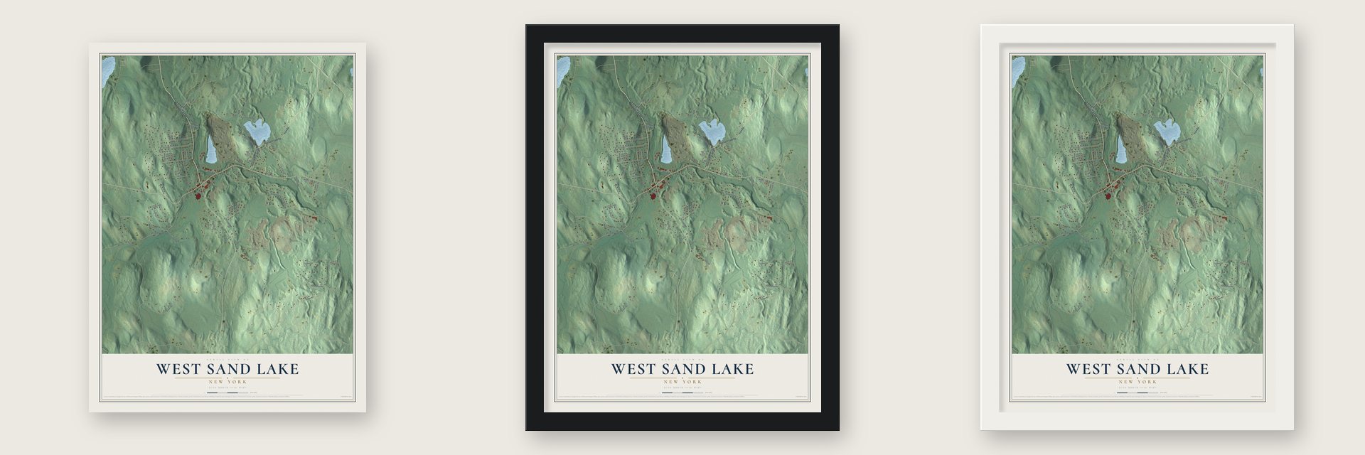 West Sand Lake, New York map unframed, in a black wood frame and in a white wood frame