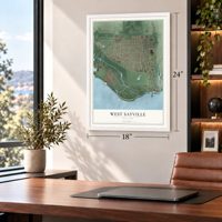 West Sayville, New York map, 18 x 24 inch print in a white frame in a home office