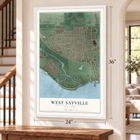 West Sayville, New York map, 24 x 36 inch print in a white frame by a staircase