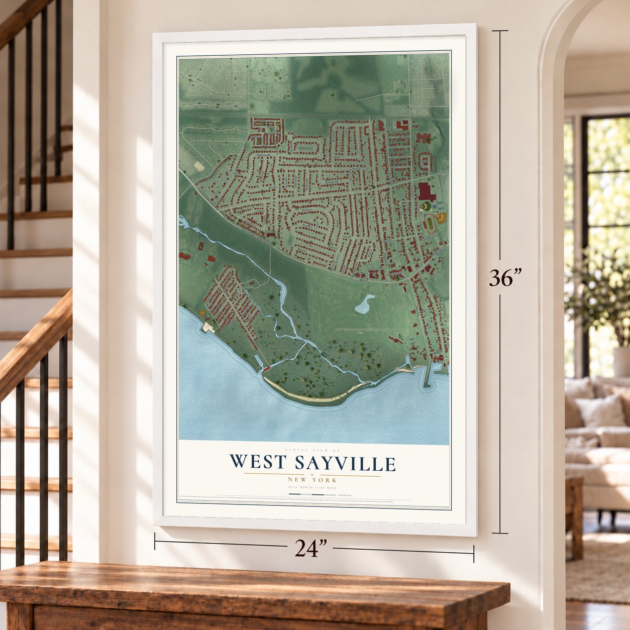 West Sayville, New York map, 24 x 36 inch print in a white frame by a staircase