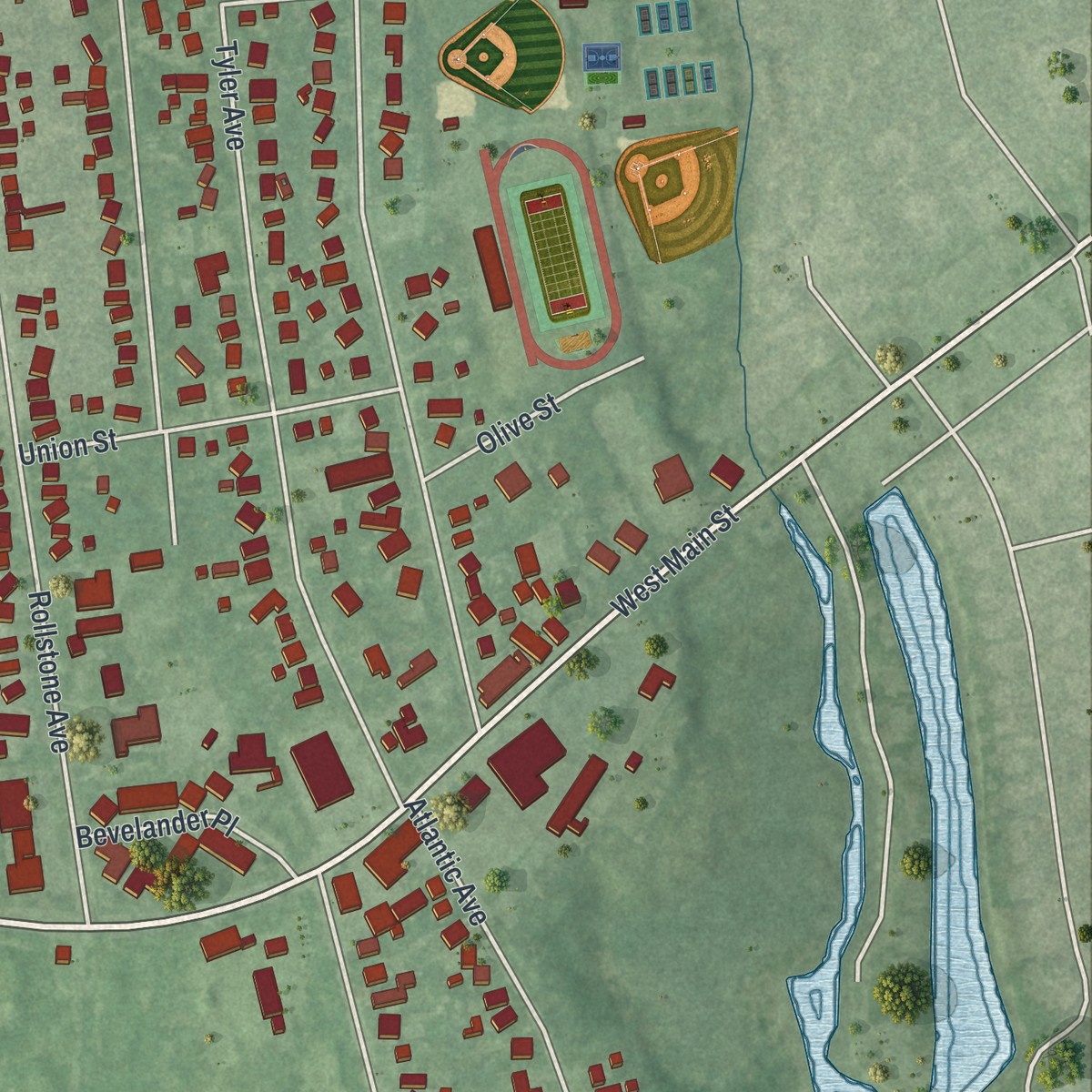 Second close-up of the map of West Sayville, New York print showing more streets and buildings