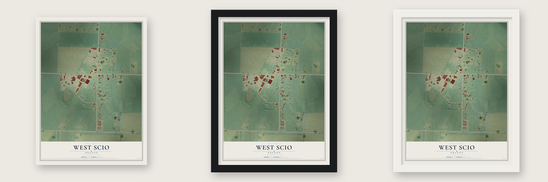 West Scio, Oregon map unframed, in a black wood frame and in a white wood frame