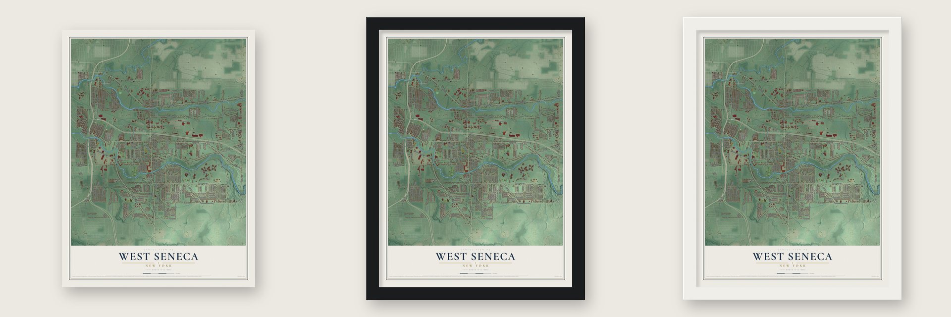 West Seneca, New York map unframed, in a black wood frame and in a white wood frame