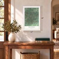 West Seneca, New York map, 12 x 18 inch print in a white frame in an entryway