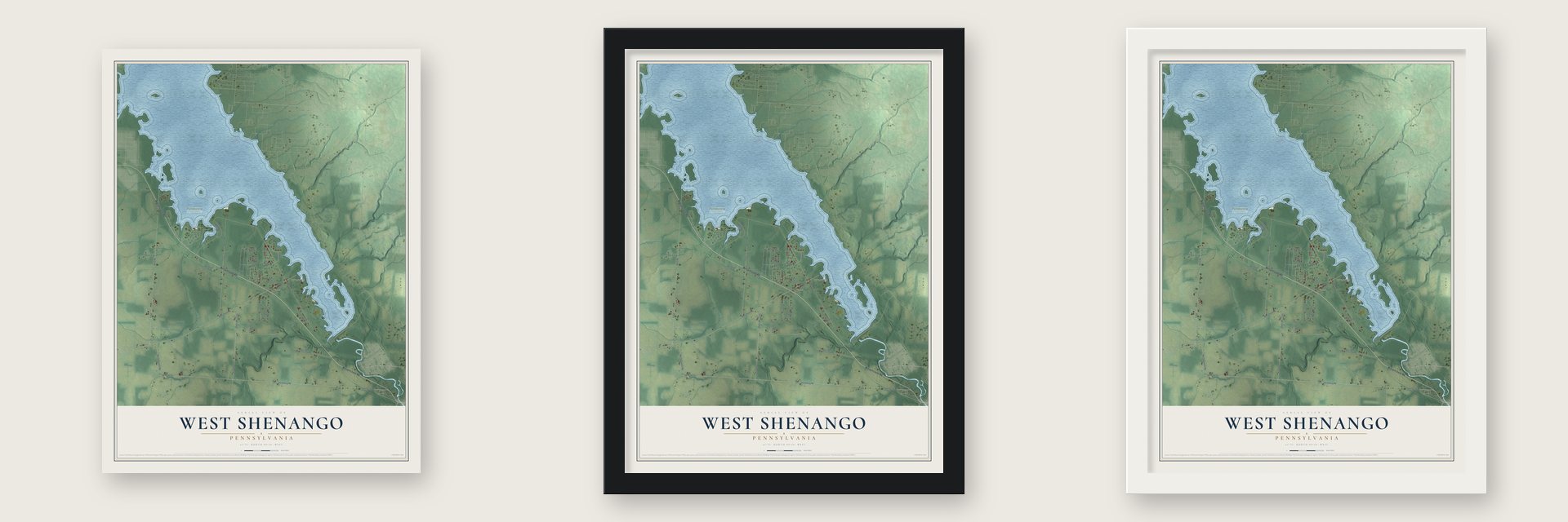 West Shenango, Pennsylvania map unframed, in a black wood frame and in a white wood frame