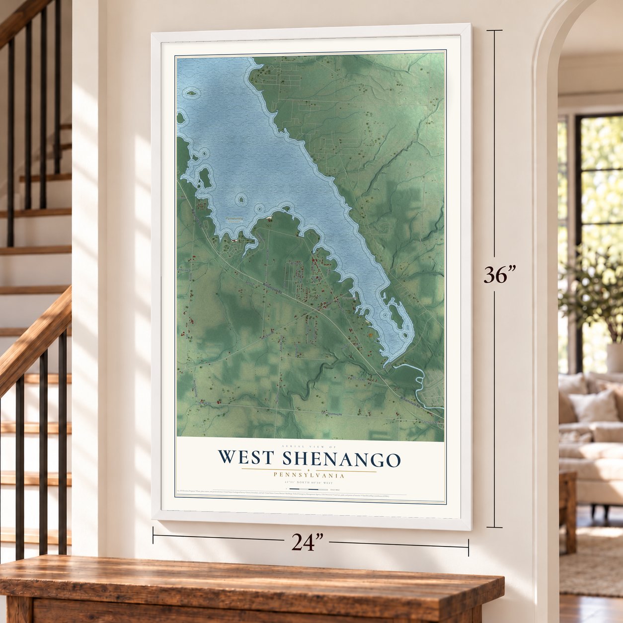 West Shenango, Pennsylvania map, 24 x 36 inch print in a white frame by a staircase