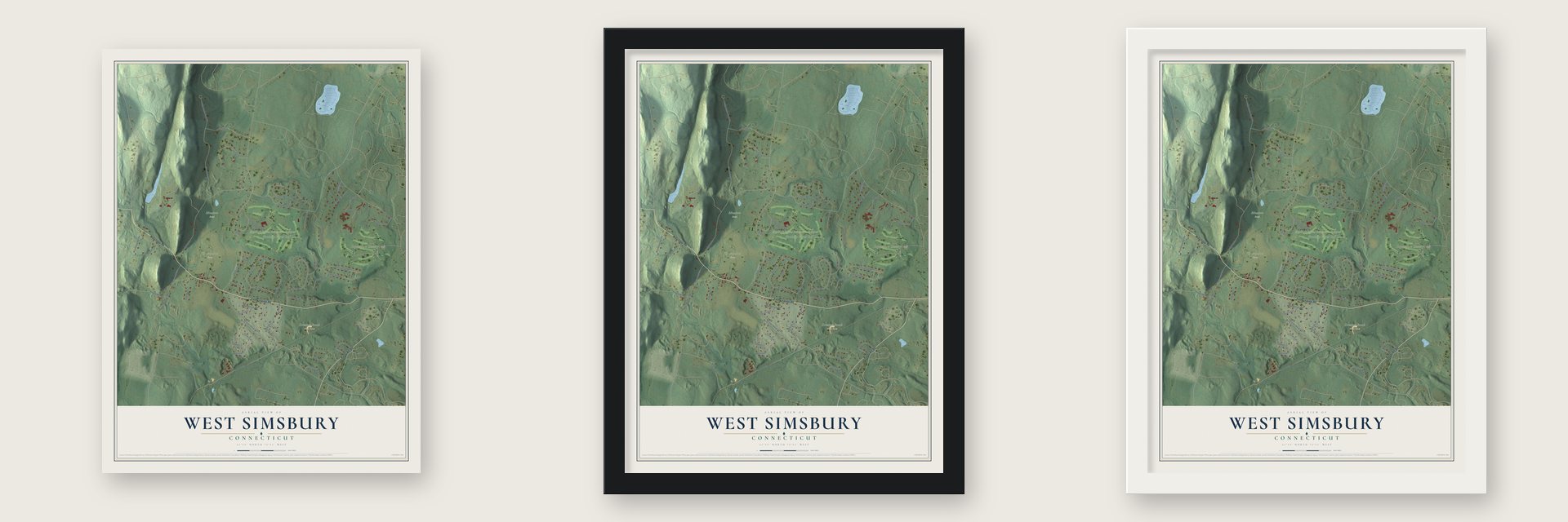 West Simsbury, Connecticut map unframed, in a black wood frame and in a white wood frame