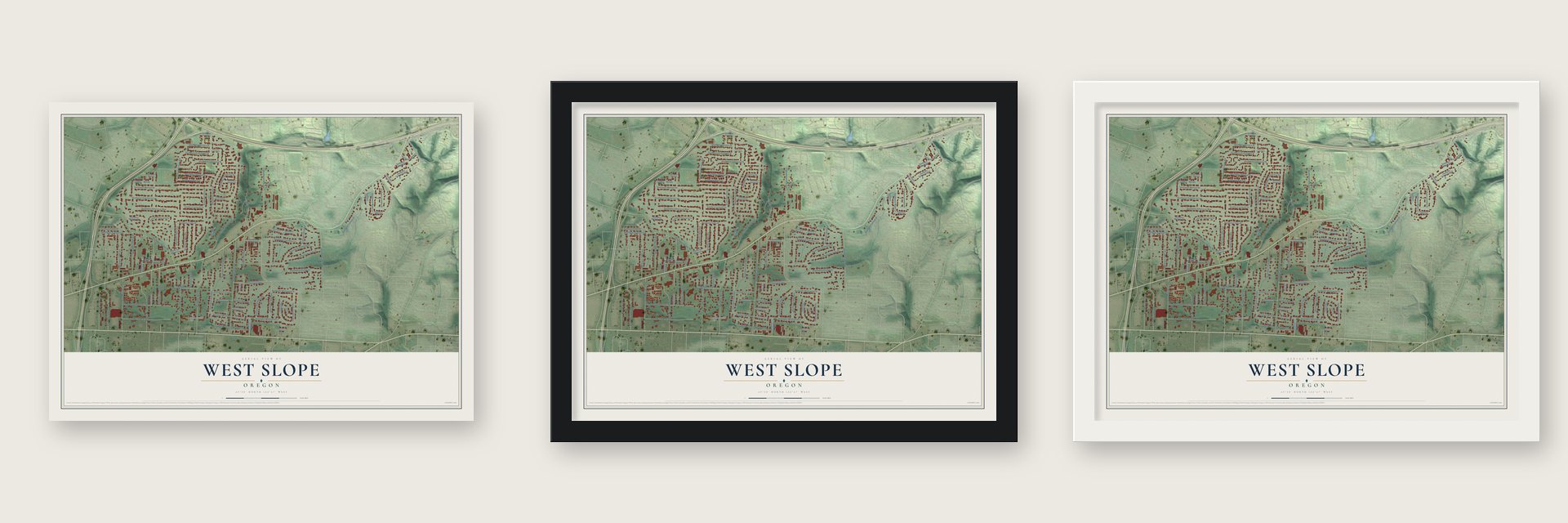 West Slope, Oregon map unframed, in a black wood frame and in a white wood frame