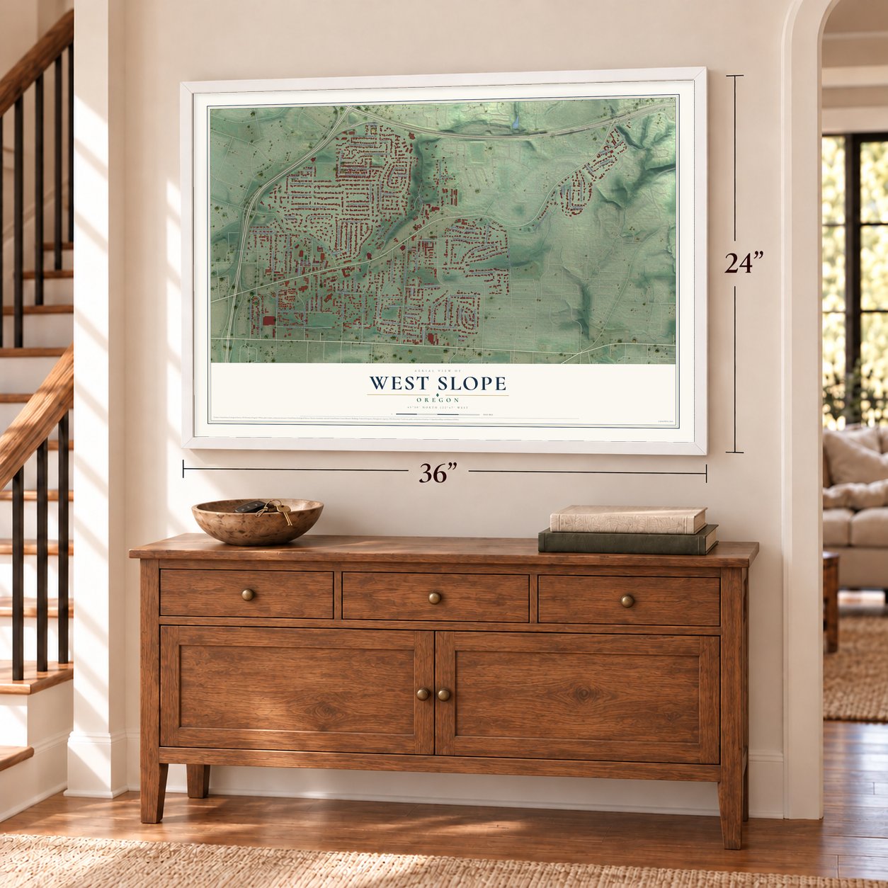 West Slope, Oregon map, 24 x 36 inch print in a white frame above a dresser by a staircase